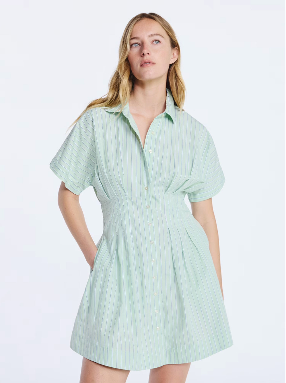 Striped Mint Short-Sleeve Shirt Dress - Mint